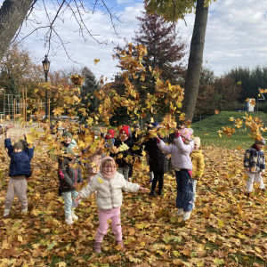 Dzieci bawią się listkami