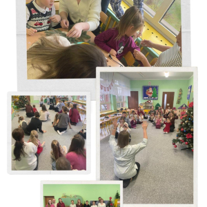 Rodzice z dziećmi wykonują stroiki świąteczne