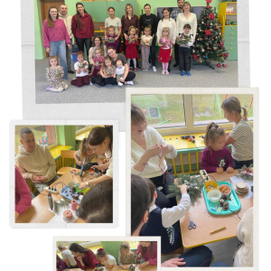 Rodzice z dziećmi wykonują stroiki świąteczne