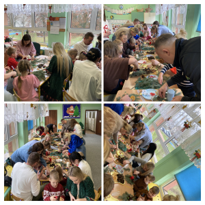 Wspólne wykonanie dzieci z rodzicami stroików świątecznych