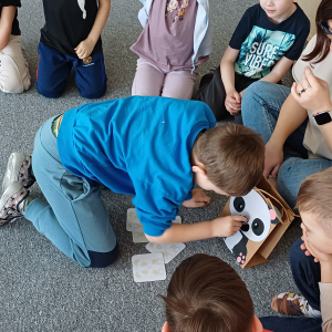 Chłopiec za poprawnie wykonanie zadania karmi pande