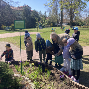 Dzieci podlewają zasadzone kwiaty w ogródku