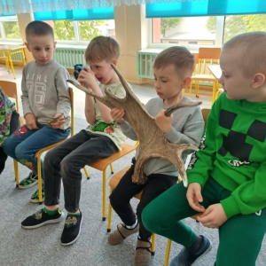 Chłopiec trzyma poroże Łosia