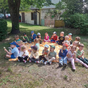 Dzieci siedzą na kocach i jedzą lody i przekąski